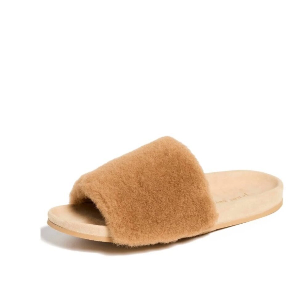 Jenni Kayne Shearling Slide Sandals Womens 39 9 Tan Brown Suede Open Toe Mules